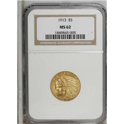 1913 $5 MS62 NGC. This satiny olive-gold type coin has