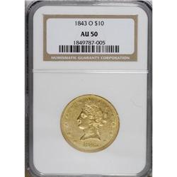 1843-O $10 AU50 NGC. A modestly worn New Orleans eagle