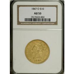 1847-O $10 AU53 NGC. An evenly struck straw-gold No Mo