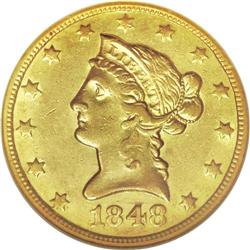 1848-O $10 AU55 NGC. The 1848-O, with a mintage of 35,