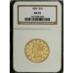 1852 $10 AU55 NGC. The pale wheat-gold fields retain m