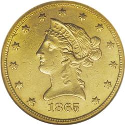 1865-S $10 AU58 NGC. This example is the Normal Date v