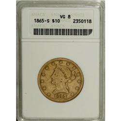 1865-S $10 865 Over Inverted 186 VG8 ANACS. Although n