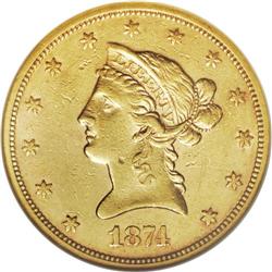 1874-S $10 AU50 NGC. This low-mintage issue (10,000 bu