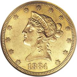 1884-CC $10 AU55 NGC. The luminous yellow-orange surfa