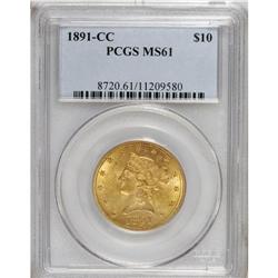 1891-CC $10 MS61 PCGS. A well struck yellow-orange exa