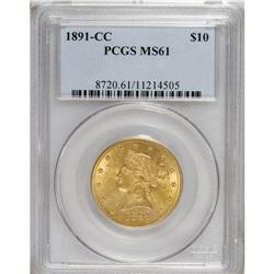 1891-CC $10 MS61 PCGS. This softly lustrous piece has