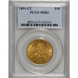 1891-CC $10 MS61 PCGS. Breen-7035. The mintmark is wid