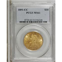 1891-CC $10 MS61 PCGS. Peach-gold surfaces display a n