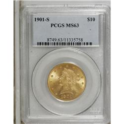 1901-S $10 MS63 PCGS. Lightly abraded surfaces display