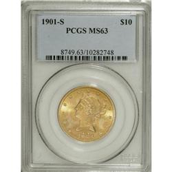 1901-S $10 MS63 PCGS. Lemon-gold dominates, although t