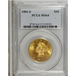 1901-S $10 MS64 PCGS. Potent luster enlivens apricot-g