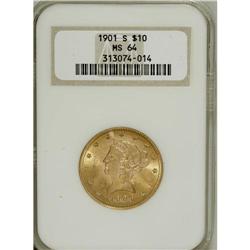 1901-S $10 MS64 NGC. A lustrous yellow-gold near-Gem t