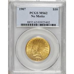 1907 $10 No Periods MS62 PCGS. Yellow-gold surfaces di