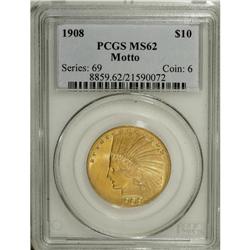 1908 $10 Motto MS62 PCGS. Rich yellow-orange color and