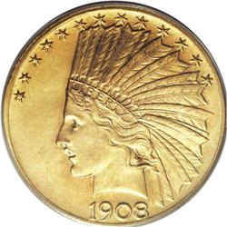 1908 $10 Motto MS65 PCGS. Described by Garrett and Gut