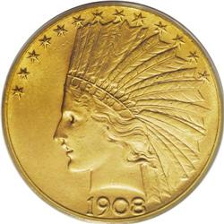 1908-D $10 Motto MS63 PCGS. This 1908-D with Motto dis