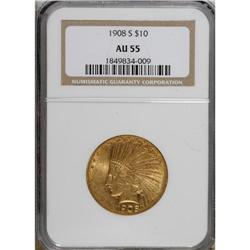 1908-S $10 AU55 NGC. Fewer than 60,000 pieces were str