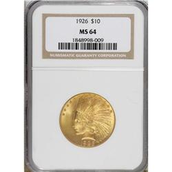 1926 $10 MS64 NGC. Lustrous peach-gold surfaces exhibi