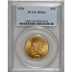1926 $10 MS64 PCGS. Apricot-gold patination runs over