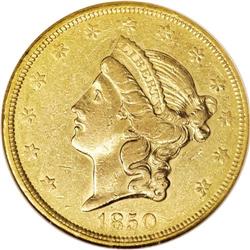1850 $20 AU50 NGC. The popular 1850 double eagle, with