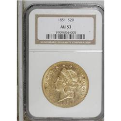 1851 $20 AU53 NGC. Bright, brassy-gold surfaces reveal