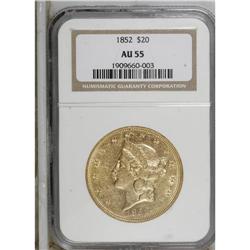 1852 $20 AU55 NGC. Luster individually outlines the ob