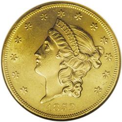 1852 $20 MS60 NGC. The 1852 double eagle, with a minta