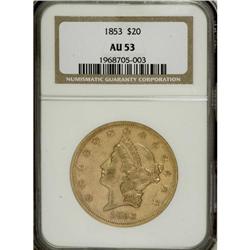 1853 $20 AU53 NGC. Breen-7160. The 3 in the date is li
