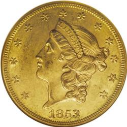 1853/2 $20 AU55 NGC. FS-301, formerly FS-008. The remn