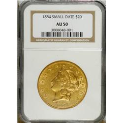 1854 $20 Small Date AU50 NGC. This still-lustrous oran