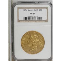 1854 $20 Small Date AU55 NGC. The more common of the t