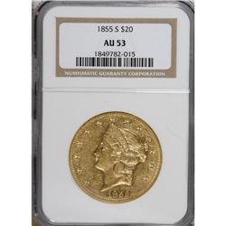 1855-S $20 AU53 NGC. This crisply struck early S-mint