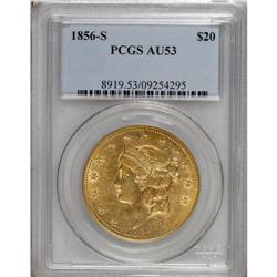 1856-S $20 AU53 PCGS. Breen-7183. The "Broken A" varie