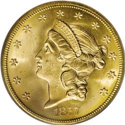 1857-S $20 Spiked Shield MS66 PCGS. Ex: S.S. Central A