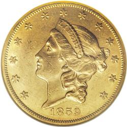 1859-S $20 AU55 NGC. The 1859-S twenty, with a busines