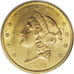 1860 $20 MS61 PCGS. Despite a substantial mintage of 5