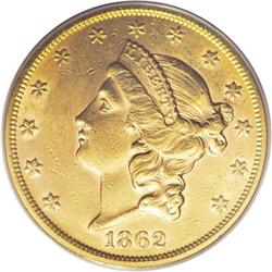 1862-S $20 AU58 PCGS. This California issue was exceed