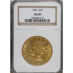 1863 $20 AU50 NGC. This Civil War double eagle was str
