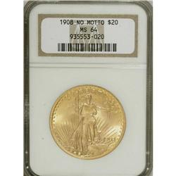 1908 $20 No Motto MS64 NGC. Short Rays. A yellow-gold