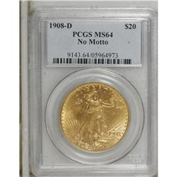 1908-D $20 No Motto MS64 PCGS. Long Rays obverse. This