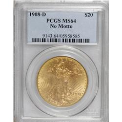 1908-D $20 No Motto MS64 PCGS. Long rays obverse. This