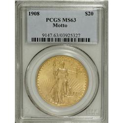 1908 $20 Motto MS63 PCGS. This subtly lustrous Select