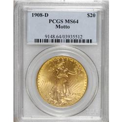 1908-D $20 Motto MS64 PCGS. Long rays subtype. This ca