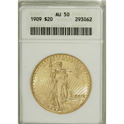 1909 $20 AU50 ANACS. This yellow-gold double eagle''s
