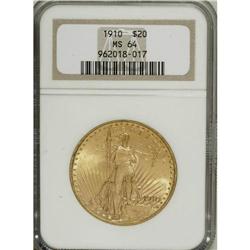 1910 $20 MS64 NGC. Lightly toned and minimally abraded
