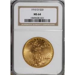 1910-D $20 MS64 NGC. This highly lustrous yellow-gold