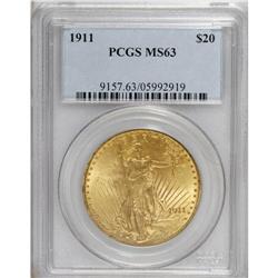 1911 $20 MS63 PCGS. Yellow-gold patina displays tints
