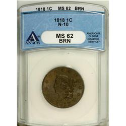 1818 1C MS62 Brown ANACS. N-10. NGC Census: (73/18
