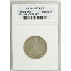 1853/4 25C Arrows and Rays--Cleaned--ANACS. VF30 Detai